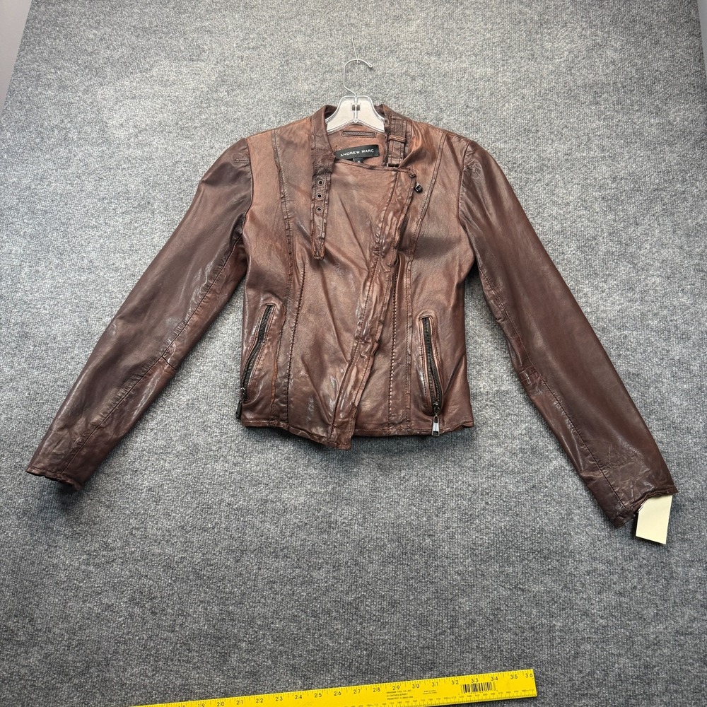 Andrew Marc Women XS Lambskin Leather Moto Jacket Espresso Brown Butterfly